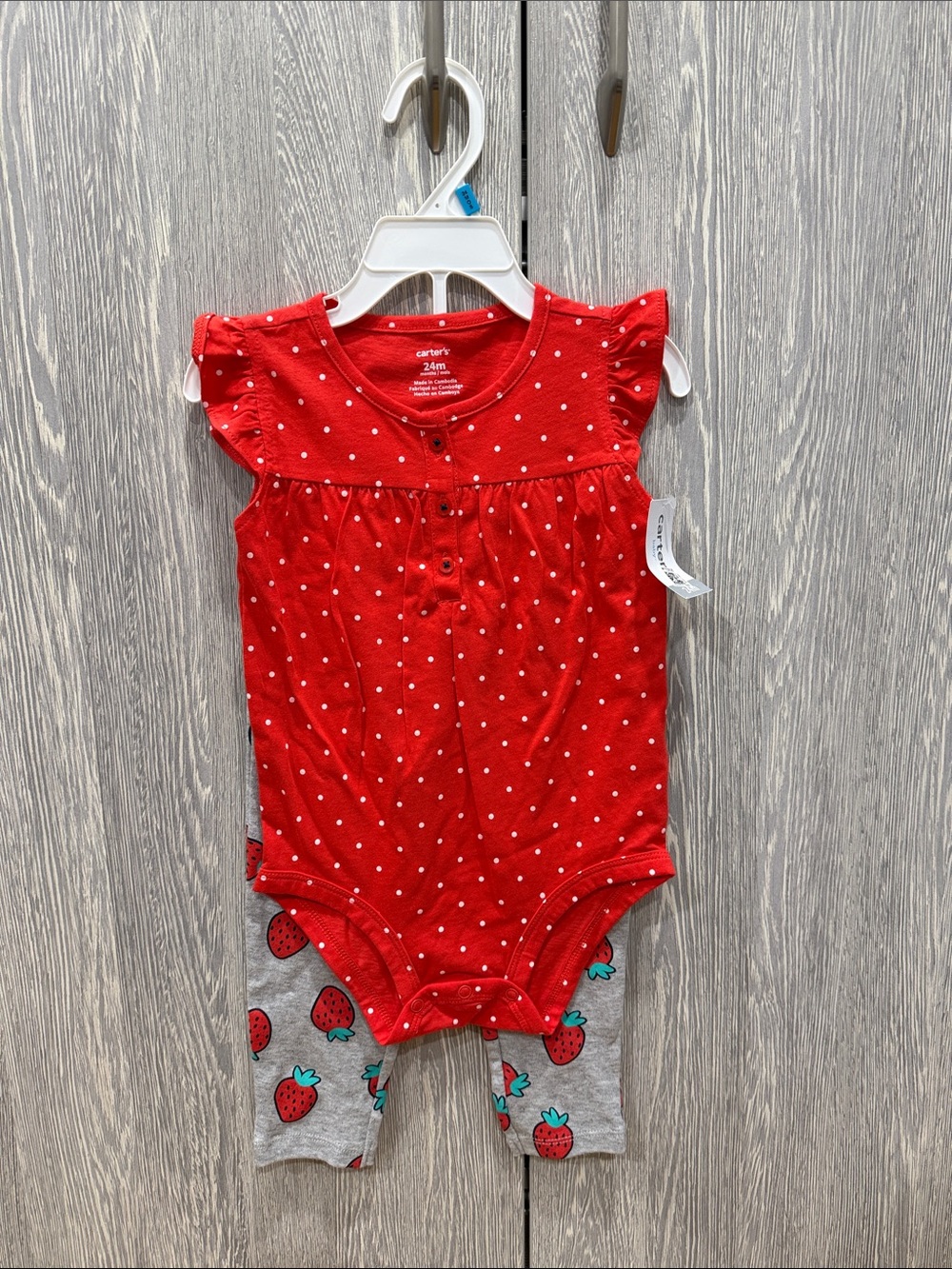 NWT - Carter's Red Polka Dot Flutter-Sleeve Bodysuit with Strawberry Leggings - Picture 1 of 7